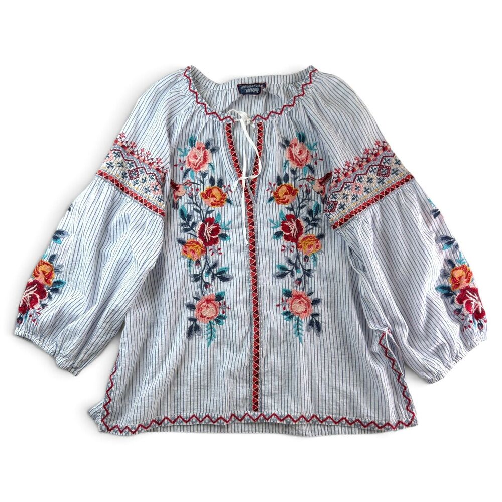 johnny was workshop women’s large floral embroidered striped peasant blouse boho